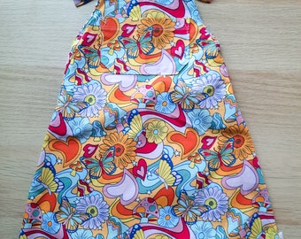 Summer Short Harem-Style Overalls | Groovy Retro Print | Organic Cotton | Handmade Baby & Kid's Overalls
