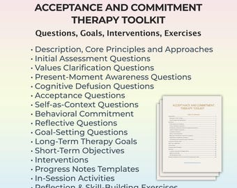 May include: A hyperlinked PDF file titled Acceptance and Commitment Therapy Toolkit. The document lists sections including core principles, assessment, values, awareness, defusion, acceptance, self-as-context, commitment, and session plans.
