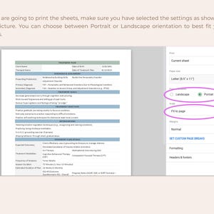 May include: A digital document showing a treatment plan template with sections for diagnosis, assessment, and goals, displayed next to a print settings menu. The menu highlights options for paper size, orientation, and scale, including Fit to page.