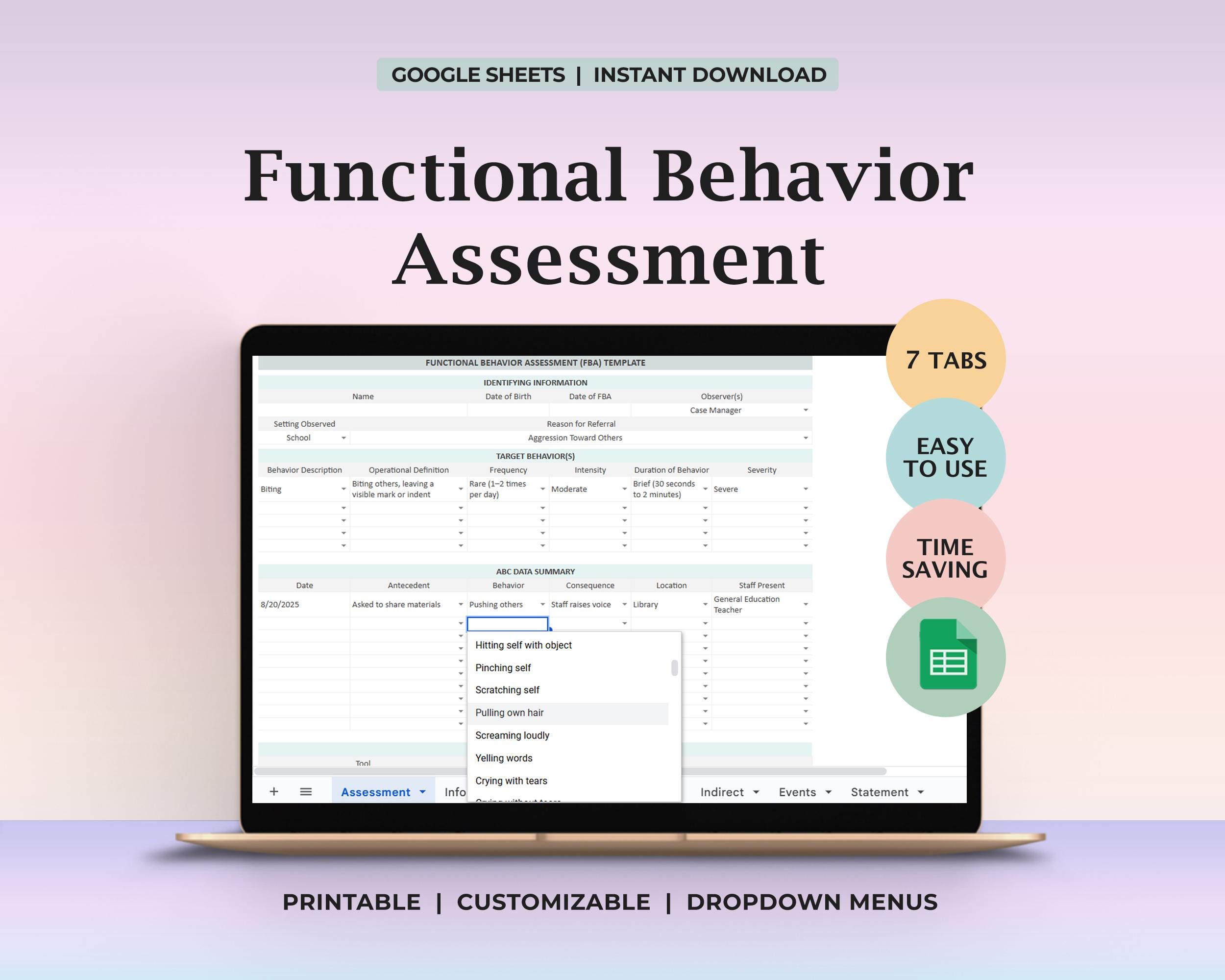 Functional Behavior Assessment Editable ABA Form for Special Education ...