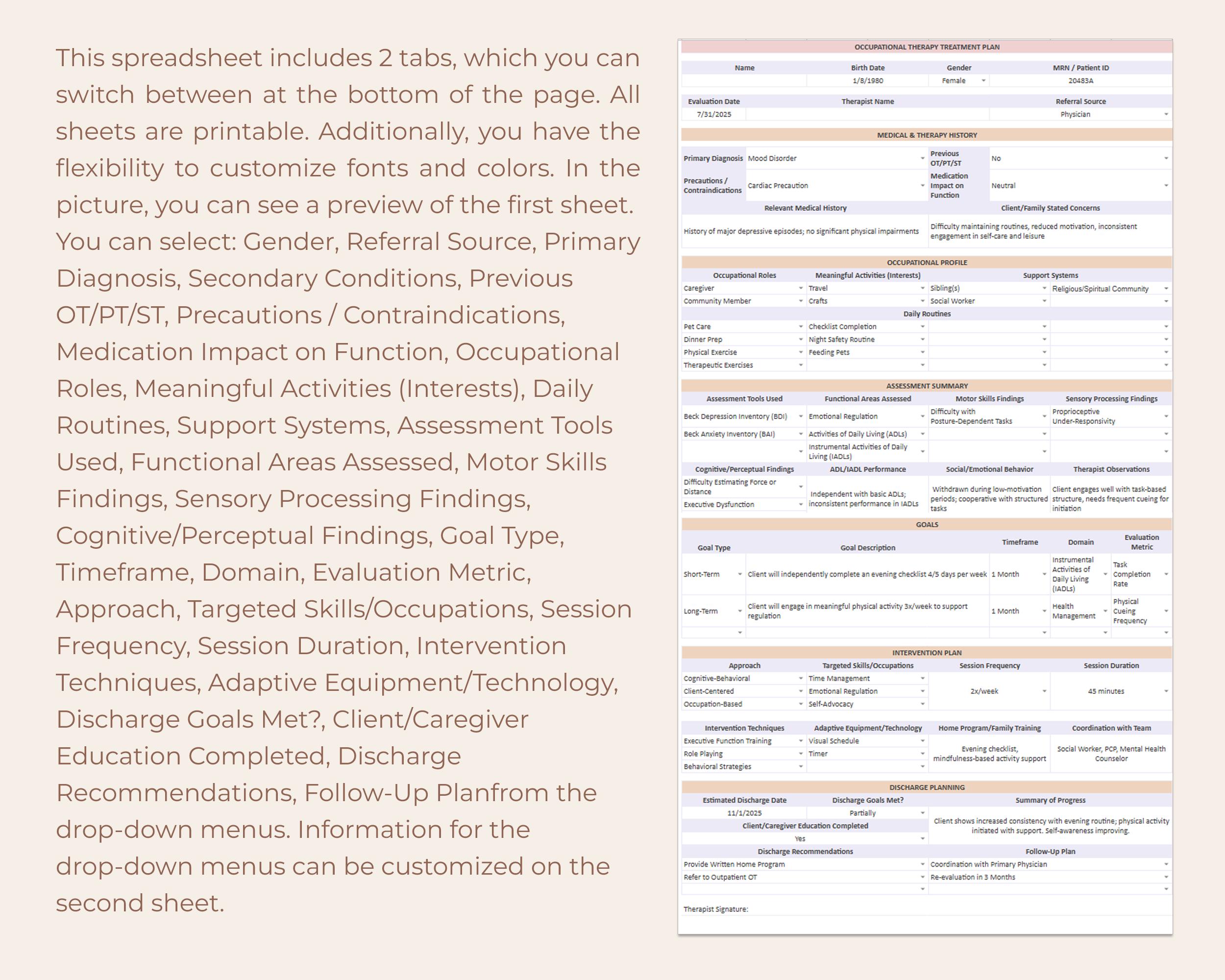 Occupational Therapy Treatment Plan Template Client Centered OT ...