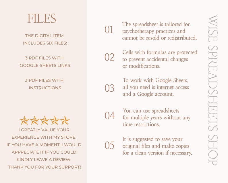 May include: A digital information graphic titled FILES, listing six items including three PDF files with Google Sheets links and three PDF files with instructions. It includes five numbered points about spreadsheet usage, a five-star rating, and text requesting reviews for Wise Spreadsheets Shop.