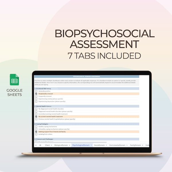 Biopsychosocial Assessment Template, Psychotherapist tool, Psychological, Social Domain, Mental Health, Therapy Tool, Biopsychosocial Form