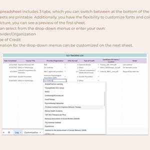 May include: Screenshot of a spreadsheet with a CEU Tracking Log. The spreadsheet includes columns for Date Completed, Course Title, Provider/Organization, CEUs Earned, Type of Credit, and Certificate File Name/Location. A drop-down menu is open, showing provider options.