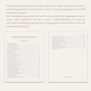 May include: A table of contents for a therapy progress notes document. The document includes sections for session overview notes, client engagement notes, strengths and resilience notes, and more. The document is 42 pages long.