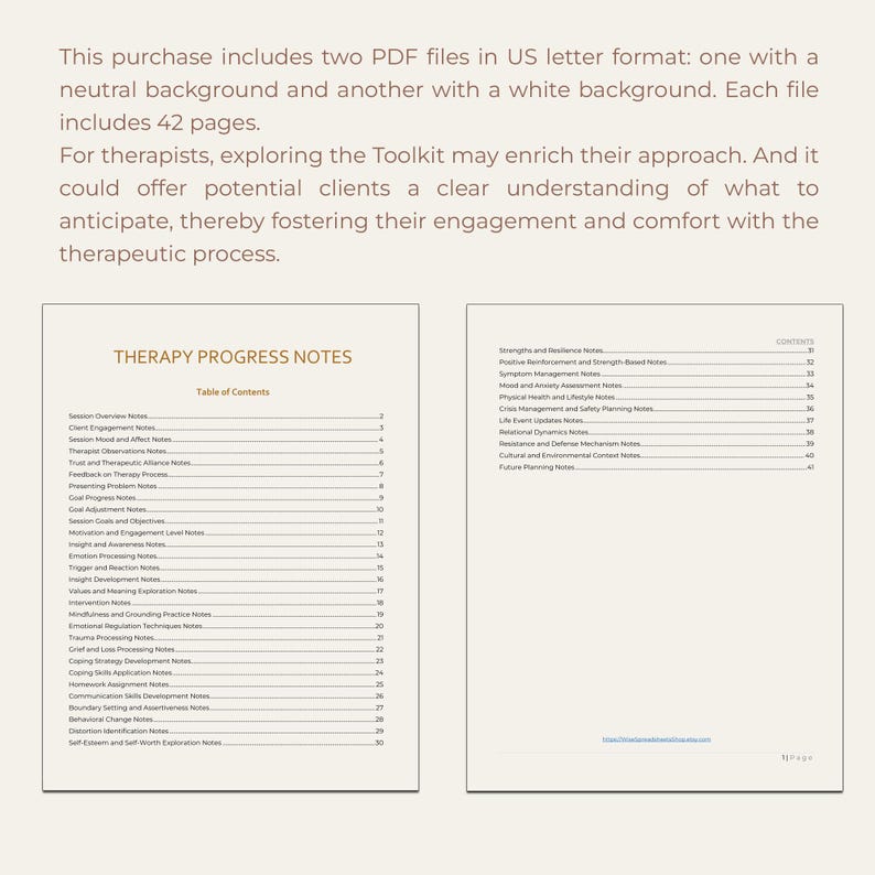 May include: A table of contents for a therapy progress notes document. The document includes sections for session overview notes, client engagement notes, strengths and resilience notes, and more. The document is 42 pages long.