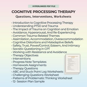 Op de afbeelding: Een digitale PDF-bestand met de titel "COGNITIVE PROCESSING THERAPY" met een lijst van onderwerpen, waaronder PTSS, trauma en interventies. Het document is een gids voor therapie, met werkbladen en sessieplannen.