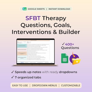 Puede incluir: Una plantilla digital de Google Sheets para terapia SFBT con preguntas, objetivos e intervenciones. La interfaz muestra una pantalla de portátil con pestañas organizadas, un indicador de 400+ preguntas e iconos de hoja de cálculo y carpeta.