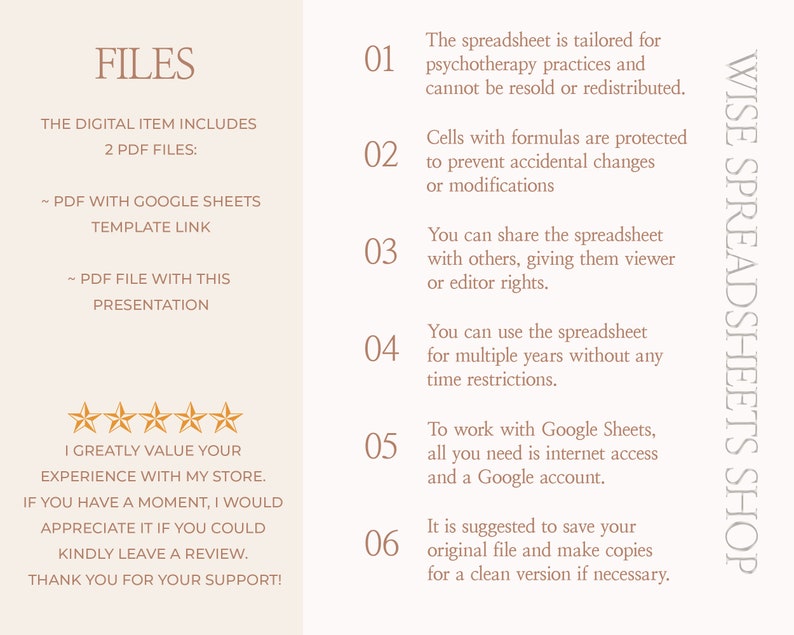 May include: A digital download for a psychotherapy practice spreadsheet. The spreadsheet is tailored for psychotherapy practices and cannot be resold or redistributed. The download includes two PDF files: one with a Google Sheets template link and one with a presentation. The text "WISE SPREADSHEETS SHOP" is on the right side of the image.