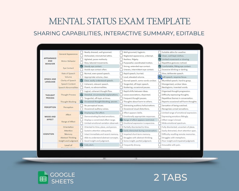 Mental Status Exam, MSE Spreadsheet, Mental Status Assessment