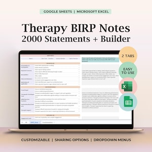 Puede incluir: Un portátil que muestra una plantilla de notas BIRP de terapia con el texto "2000 Statements + Builder". La pantalla muestra una hoja de cálculo con varias categorías y campos de datos. El texto en la pantalla incluye "2 TABS" y "EASY TO USE."