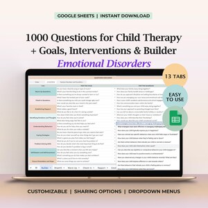 Verktygslåda för barnterapifrågor Ångest Emotionell reglering Avstämning Rapportuppmaningar Mål Interventioner Google Sheets Mall Rådgivning