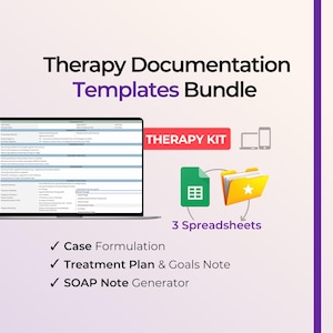 May include: Therapy Documentation Templates Bundle featuring a laptop displaying a treatment plan, a red Therapy Kit label, a green spreadsheet icon, a yellow folder with a star, and text listing Case Formulation, Treatment Plan & Goals Note, and SOAP Note Generator.