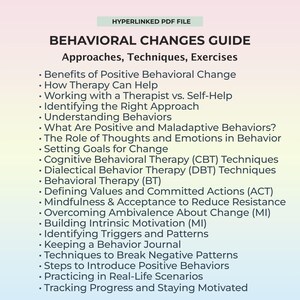 Guida ai cambiamenti comportamentali, foglio riassuntivo della terapia, esercizi di regolazione dell'umore, abilità di autogestione, terapia cognitivo-comportamentale, strumenti ACT, mappa dei trigger, generatore di abitudini