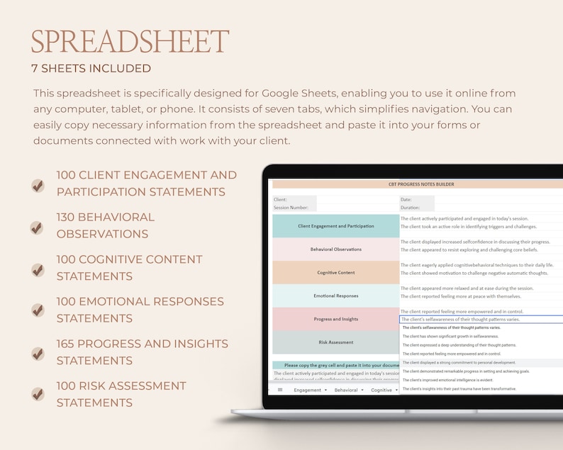 May include: A laptop computer screen displaying a spreadsheet with a checklist of 100 client engagement and participation statements, 130 behavioral observations, 100 cognitive content statements, 100 emotional responses statements, 165 progress and insights statements, and 100 risk assessment statements. The spreadsheet is titled "CST Progress Notes Builder" and includes sections for client engagement and participation, behavioral observations, cognitive content, emotional responses, progress and insights, and risk assessment.