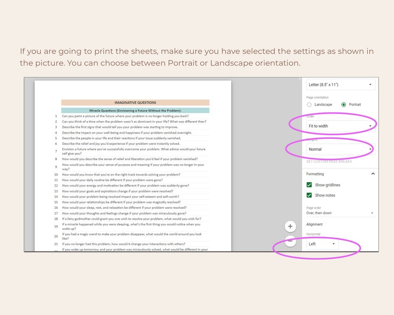 May include: A screenshot of a computer screen showing a document with a list of questions titled "Imaginative Questions: Envisioning a Future Without the Problem." The document is open in a program that allows users to adjust page settings, including orientation, fit to width, and alignment. The settings are selected to be "Portrait", "Fit to width", and "Left".