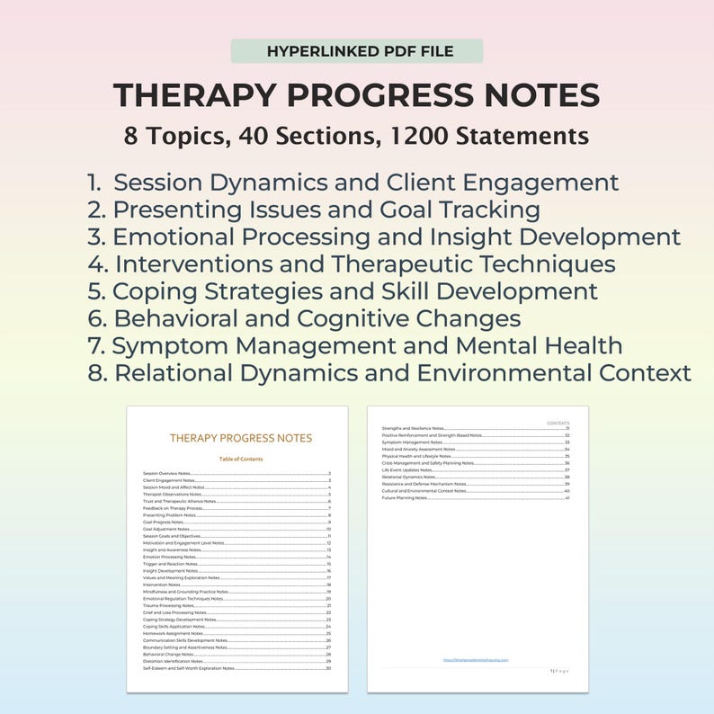 Therapy Progress Notes, Client progress, Therapy documentation, Session insights, Mental health records Therapist List, Progress Notes Sheet image 1