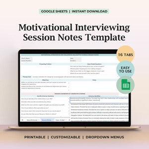 Plantilla de sesión de entrevista motivacional, notas de terapia, preguntas de entrevista motivacional, hoja de progreso de asesoramiento sobre conductas adictivas, esquema de objetivos, herramienta de planificación