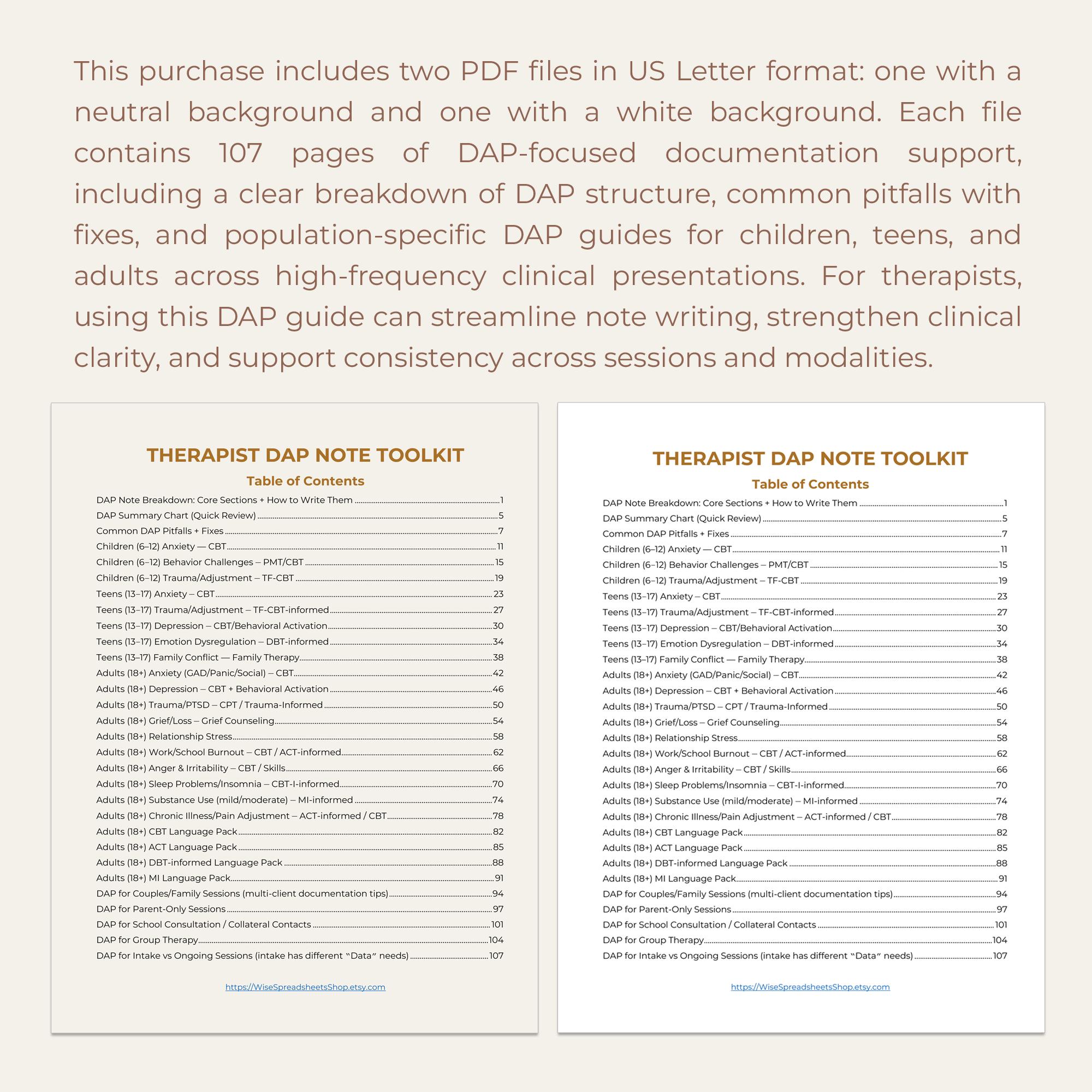 DAP Progress Notes Phrase Bank PDF Therapist Documentation Template ...