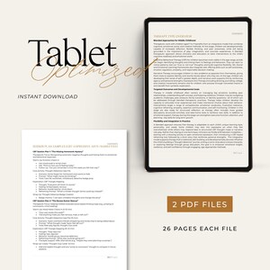 Pu&ograve; includere: Un download digitale per un tablet ottimizzato per un piano di terapia per la prima infanzia. Il documento include due file PDF con 26 pagine ciascuno. Il piano di terapia utilizza un approccio combinato che unisce metodi cognitivi, emotivi, sociali e creativi. Il documento include esempi di piani di sessione per le arti espressive e la terapia narrativa.