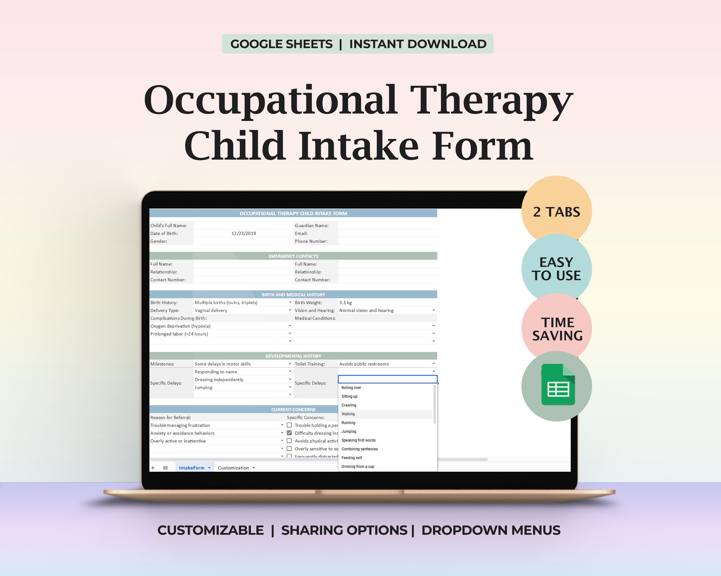 Occupational Therapy Child Intake Form Pediatric Assessment Therapist ...