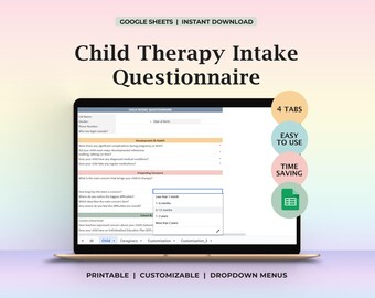 Cuestionario de admisión para terapeutas infantiles (plantilla de Google Sheets) Edades 0-12 Preparación para la primera sesión con nuevos pacientes (adaptado al desarrollo infantil) Formulario guiado por los padres