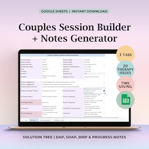 Könnte beinhalten: Ein Laptop zeigt eine Vorlage für einen Couples Session Builder und Notes Generator. Der Bildschirm zeigt eine Tabelle mit Feldern für Therapiesitzungsdetails. Text enthält "3 TABS", "20 THERAPY ISSUES" und "TIME SAVING". Der Hintergrund ist ein Farbverlauf aus Rosa und Hellviolett.