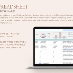 K&ouml;nnte beinhalten: Ein Laptop-Bildschirm zeigt eine Google Sheets-Tabelle mit einem Zielsetzungsblatt f&uuml;r Paare. Die Tabelle enth&auml;lt Abschnitte f&uuml;r den Zieltyp, den gew&uuml;nschten Partner und die Zielabsichten. Die Tabelle ist f&uuml;r Therapeuten und deren Klienten konzipiert, um sie f&uuml;r den Austausch von Dateien und die Zusammenarbeit zu verwenden.