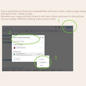 以下が含まれることがあります： 「AssessmentBundle を共有」というタイトルのポップアップウィンドウが表示された Google スプレッドシートのスクリーンショットです。ポップアップウィンドウには、人やグループを追加するためのテキストボックス、アクセス権を持つ人のリスト、一般的なアクセスのためのドロップダウンメニューがあります。ドロップダウンメニューは、「リンクを持つすべての人」と「閲覧者」のオプションがあります。「閲覧者」の横にチェックマークが付いています。