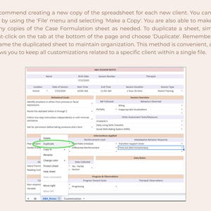 May include: Screenshot of a spreadsheet with the title "ABA SESSION NOTES." The image shows a menu with the option to "Duplicate" a sheet. The spreadsheet contains fields for behavioral goals, session overview, and interventions applied.