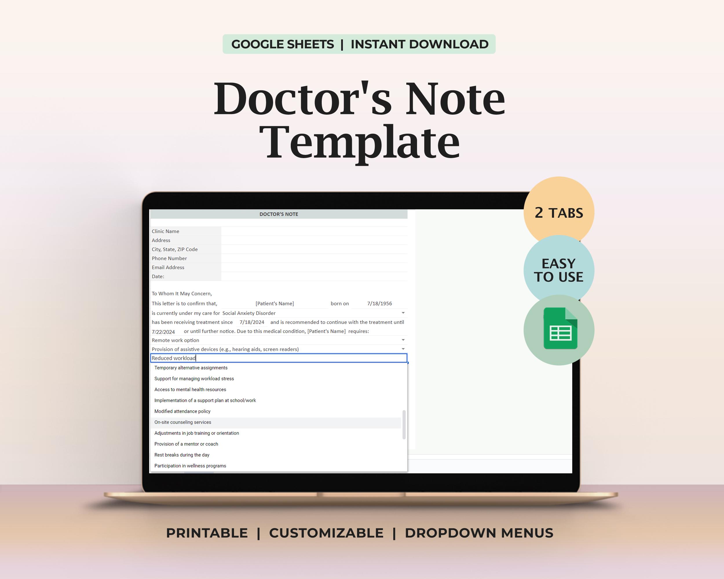 Doctor's Note Printable for Professional Use Therapist