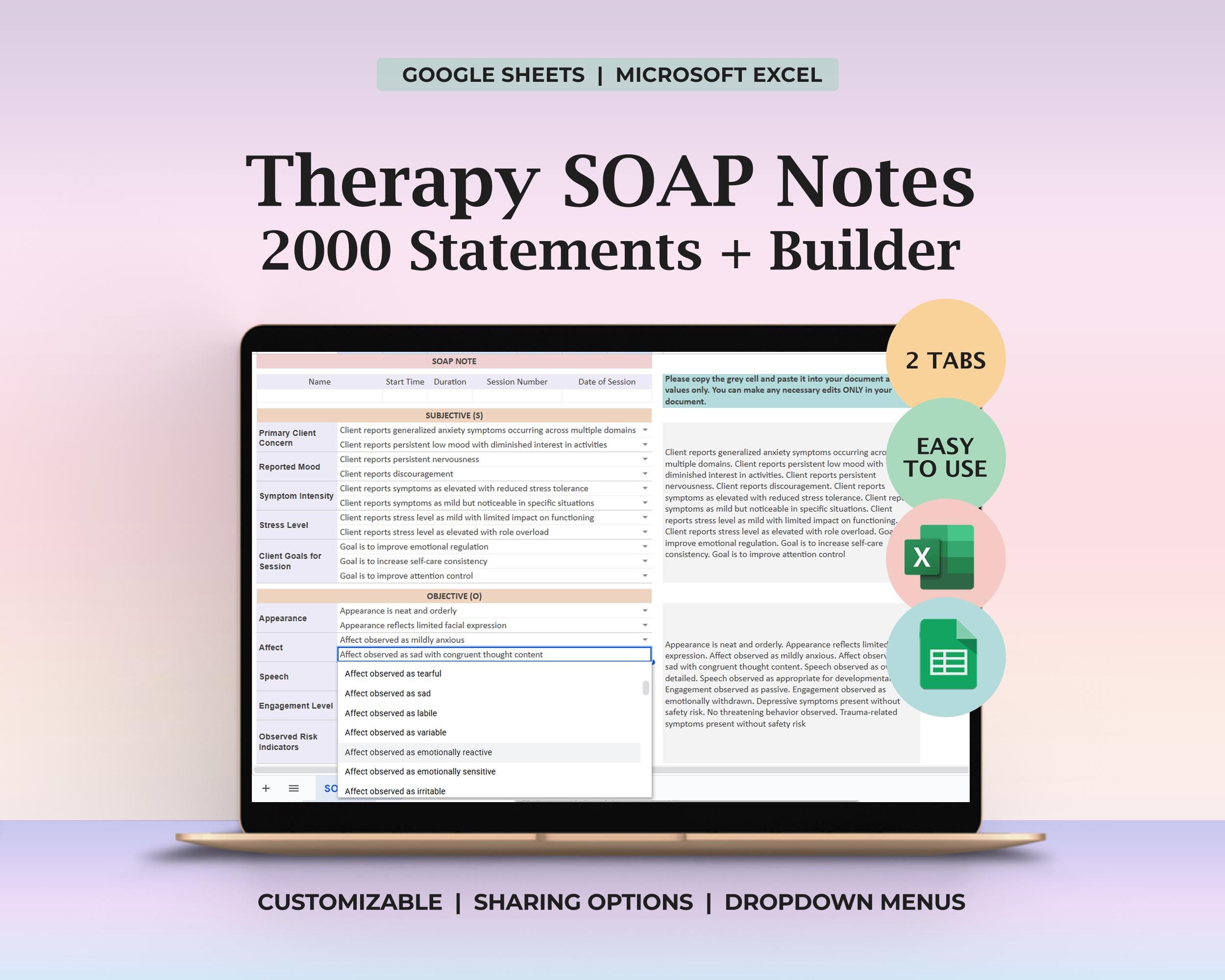 SOAP Note Generator Therapy Session Notes Editable Dropdown Clinical ...