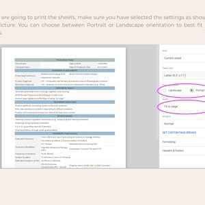May include: A screenshot of a computer screen showing a print settings menu. The menu has options for paper size, orientation, scale, margins, and custom page breaks. The current settings are set to Letter (8.5" x 11"), Portrait, Fit to page, Normal, and no custom page breaks.