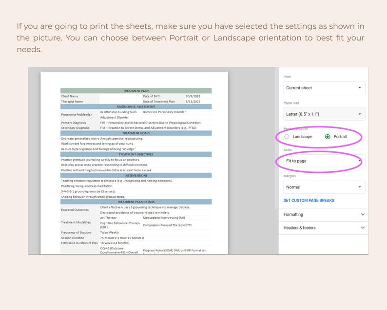 May include: A screenshot of a computer screen showing a print settings menu. The menu has options for paper size, orientation, scale, margins, and custom page breaks. The current settings are set to Letter (8.5" x 11"), Portrait, Fit to page, Normal, and no custom page breaks.
