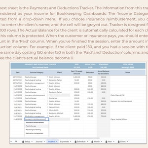 May include: A spreadsheet with a table showing payments and deductions for a business. The table includes columns for date, income category, client, paid amount, deduction, and actual balance for the client. The spreadsheet is titled "Payments and Deductions Tracker".