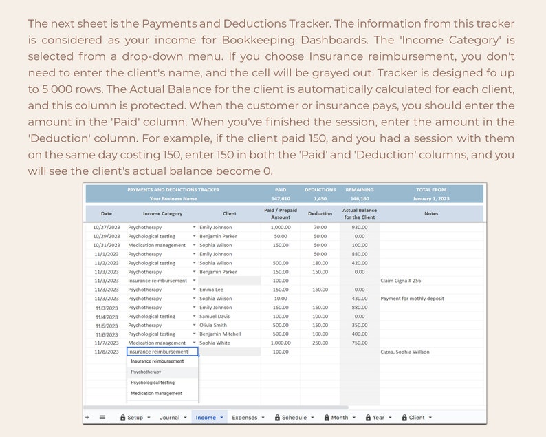 May include: A spreadsheet with a table showing payments and deductions for a business. The table includes columns for date, income category, client, paid amount, deduction, and actual balance for the client. The spreadsheet is titled "Payments and Deductions Tracker".