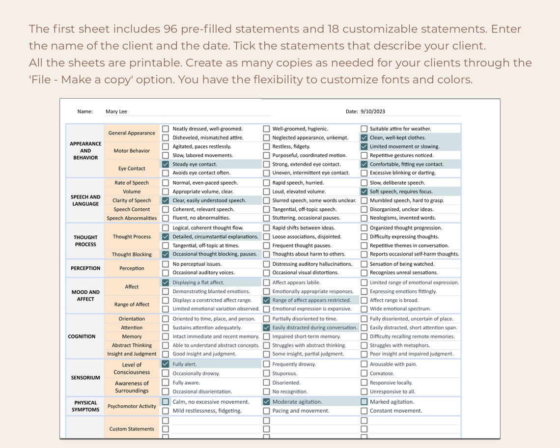MSE Sheet Template, Mental Status Exam, Mental Status Assessment