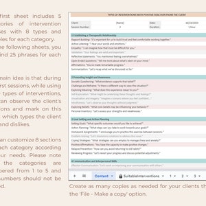 May include: A printable worksheet with a checklist for therapists to track client responses to different types of interventions. The worksheet is titled "Types of Interventions with Positive Reaction from the Client".