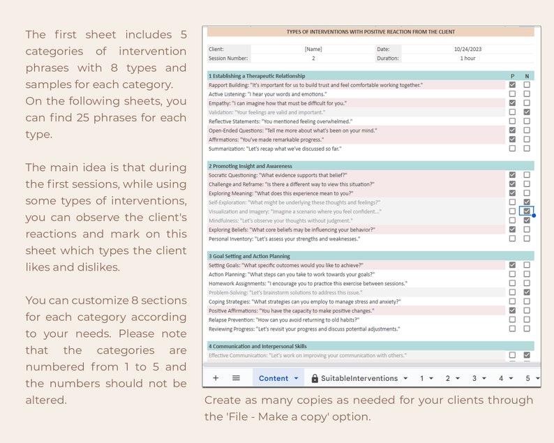 May include: A printable worksheet with a checklist for therapists to track client responses to different types of interventions. The worksheet is titled "Types of Interventions with Positive Reaction from the Client".