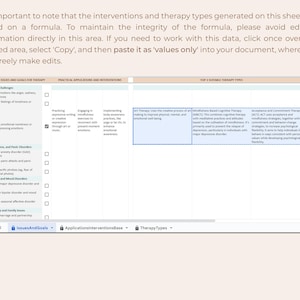 May include: A digital spreadsheet interface titled IssuesAndGoals, ApplicationsInterventionsBase, and TherapyTypes. It features columns for therapy goals, interventions, and types, with text describing Art Therapy, MBCT, and ACT methods.