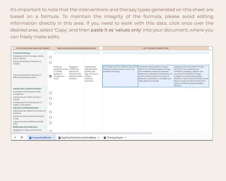 May include: A digital spreadsheet interface titled IssuesAndGoals, ApplicationsInterventionsBase, and TherapyTypes. It features columns for therapy goals, interventions, and types, with text describing Art Therapy, MBCT, and ACT methods.