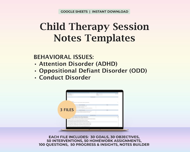 Child Therapy Session Notes Template Behavioral Issues Objectives Therapy Goals Treatment Interventions Child Counseling Questions Digital image 1
