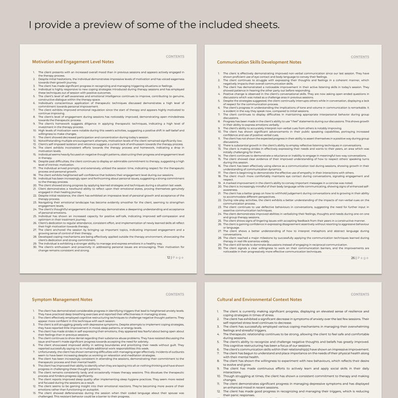 May include: Four pages of notes with headings for Motivation and Engagement Level Notes, Communication Skills Development Notes, Symptom Management Notes, and Cultural and Environmental Context Notes. Each page has a numbered list of bullet points with descriptions of client progress.