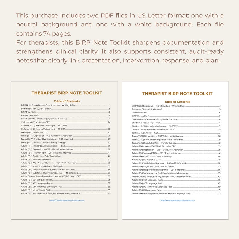 Birp Note Layout Guide BIRP Notes Toolkit Therapist Progress Templates Phrase Bank CBT ACT Mi ...