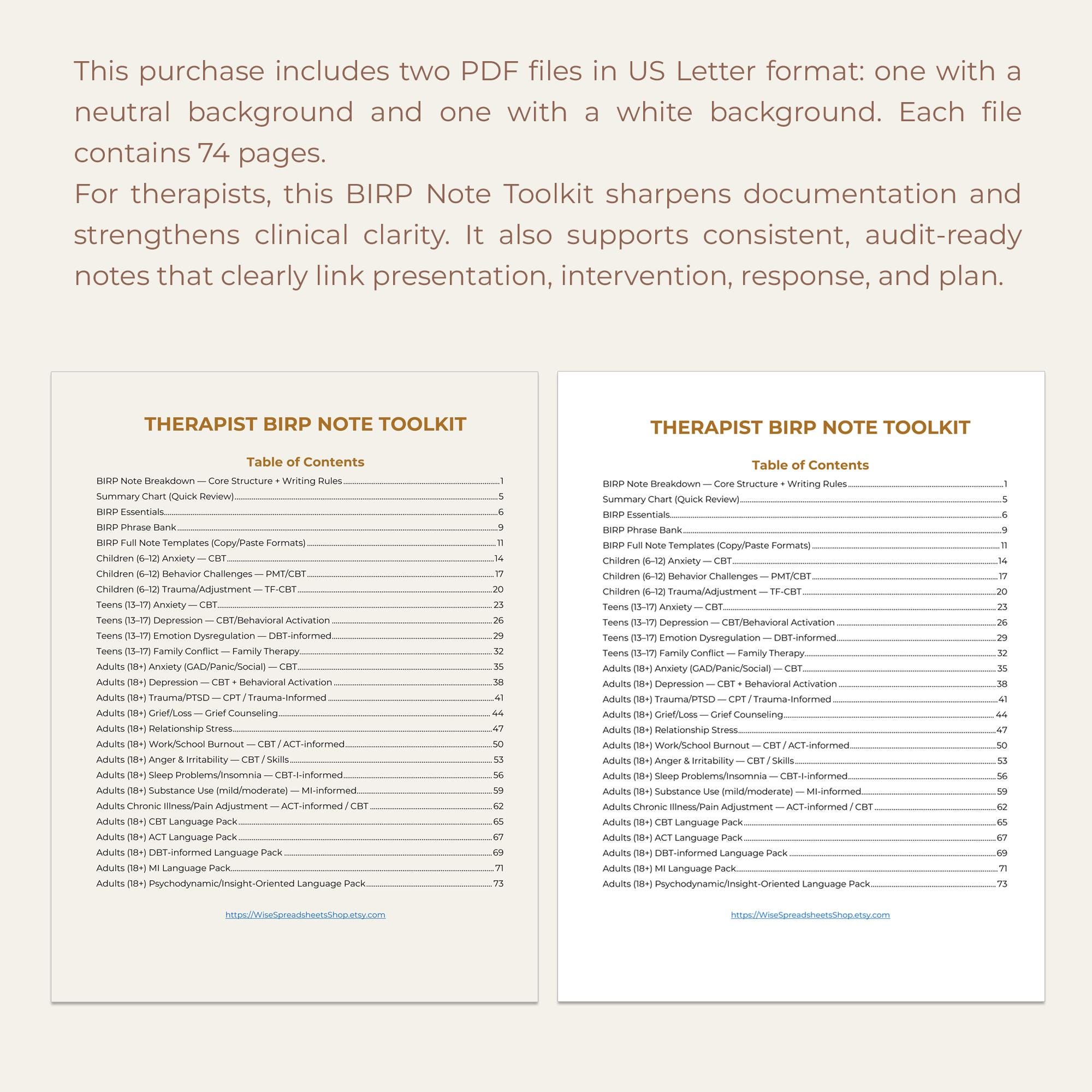 BIRP Notes Toolkit Therapist Progress Templates Phrase Bank CBT ACT Mi ...