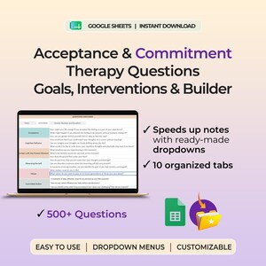 Può includere: Un modello digitale Google Sheets per la terapia di accettazione e impegno con domande, obiettivi e interventi. L'interfaccia include 10 schede organizzate, oltre 500 domande e menu a discesa pronti all'uso per appunti e personalizzazioni.