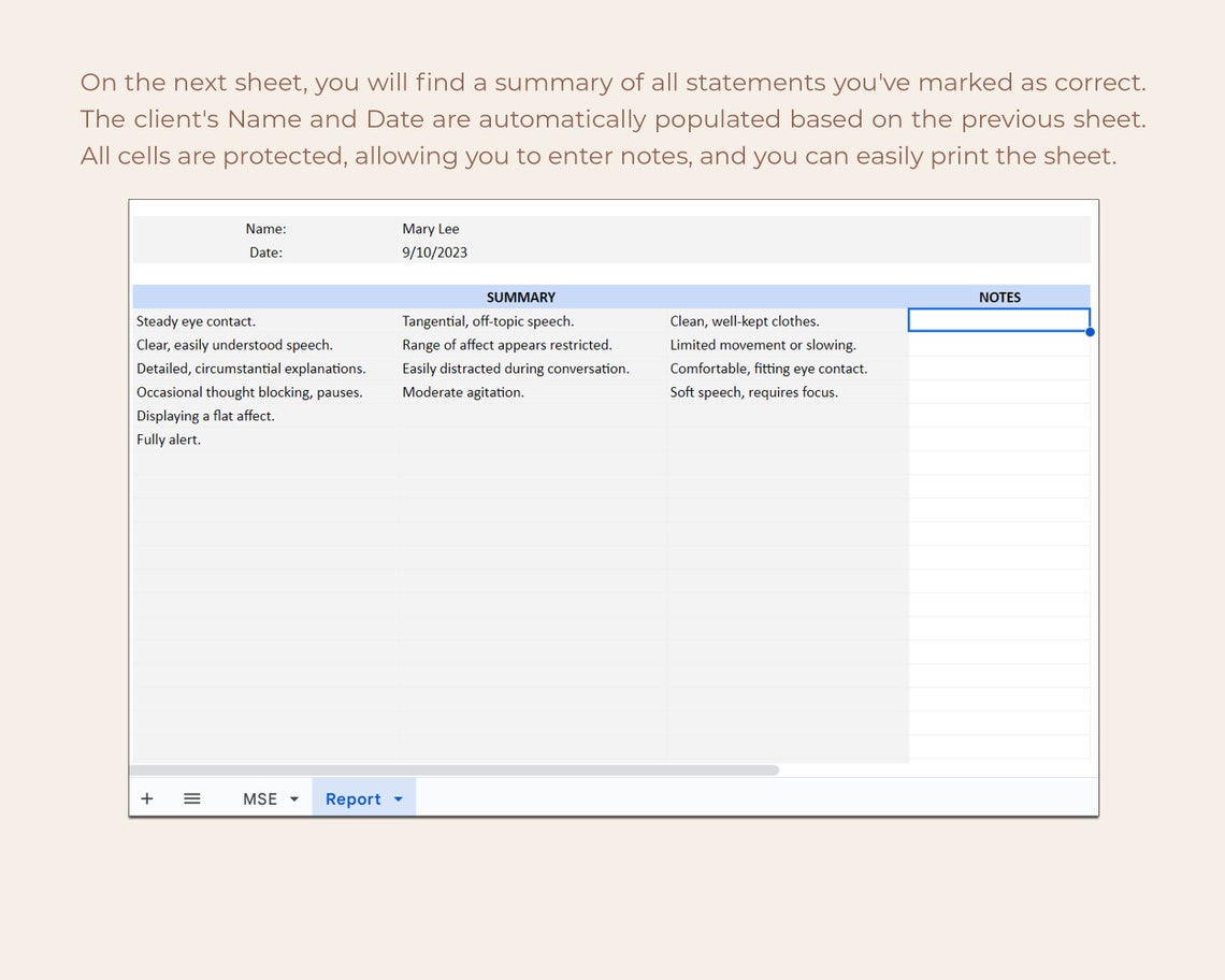 MSE Sheet Template, Mental Status Exam, Mental Status Assessment