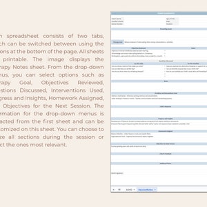 May include: A printable therapy notes sheet with drop-down menus for selecting therapy goals, objectives reviewed, questions discussed, interventions used, progress and insights, homework assigned, and objectives for the next session. The sheet includes sections for client information, presenting issues, questions discussed, activities and interventions used, child's response, progress and insights, homework assigned, objectives for the next session, client's feedback, and additional notes.