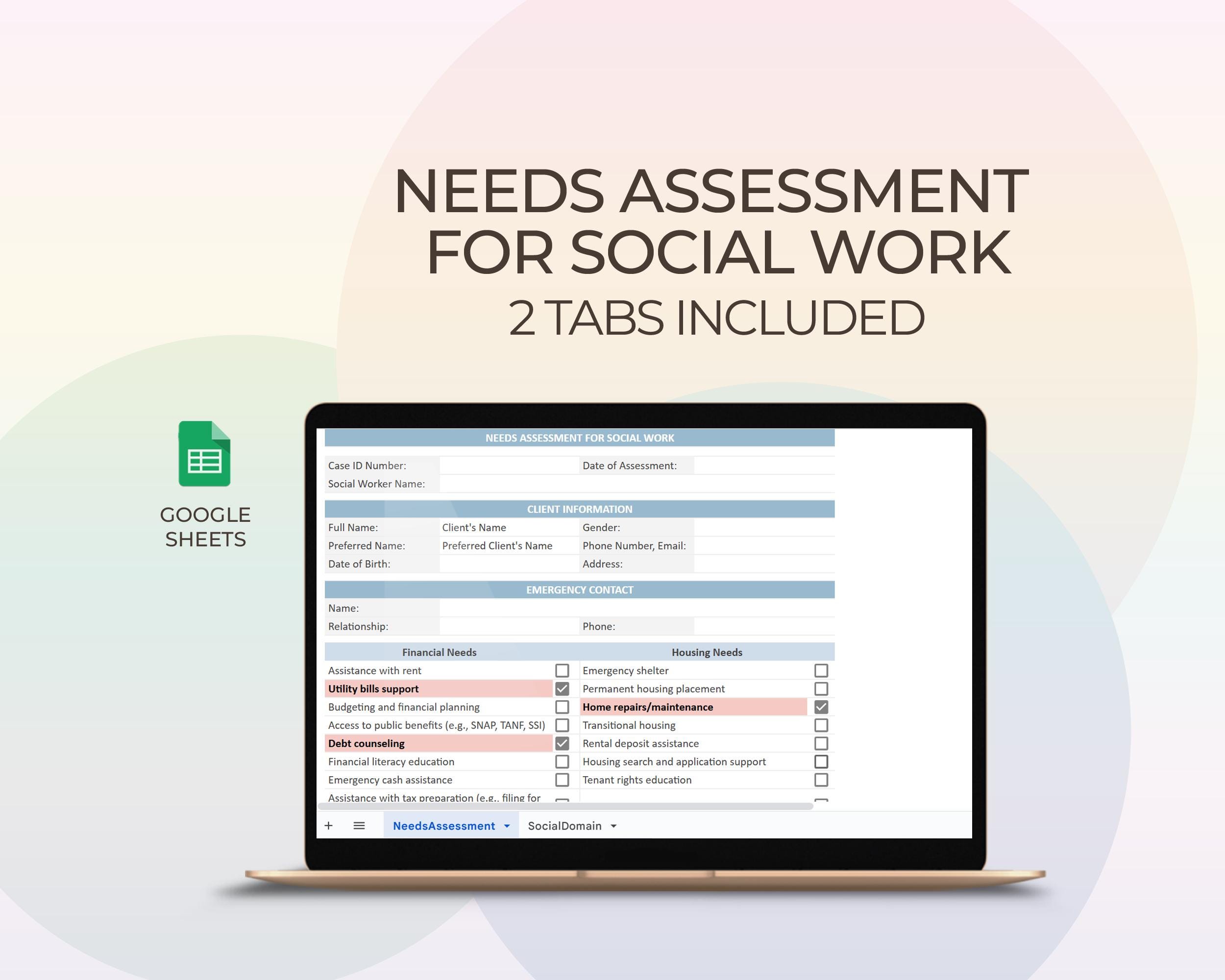 Social Work Need Assessment, Social Worker Form, Documents for Social ...