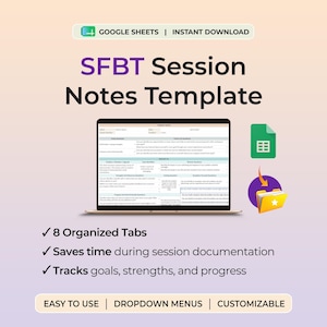 Op de afbeelding: Een digitale SFBT-sessienotitiesjabloon voor Google Sheets met een laptop die het formulier toont, een groen spreadsheetpictogram en een gele map. De tekst bevat 8 georganiseerde tabbladen, tijdsbesparing en het bijhouden van doelen, sterktes en voortgang.